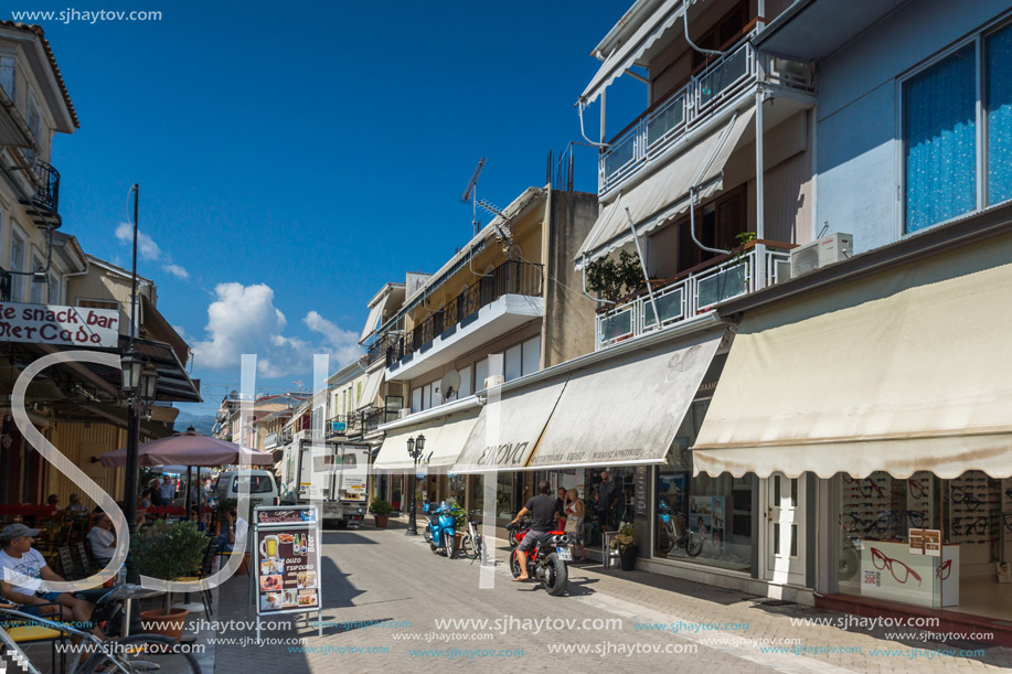 LEFKADA TOWN, GREECE JULY 17, 2014: Central street in Lefkada town, Ionian Islands, Greece