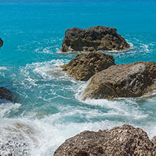 Amazing seascape of blue waters of Megali Petra Beach, Lefkada, Ionian Islands, Greece