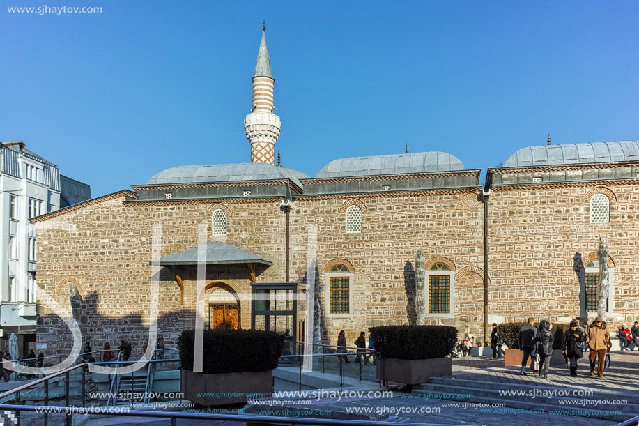 PLOVDIV, BULGARIA - JANUARY 2 2017: Dzhumaya Mosque and cental street in city of Plovdiv, Bulgaria
