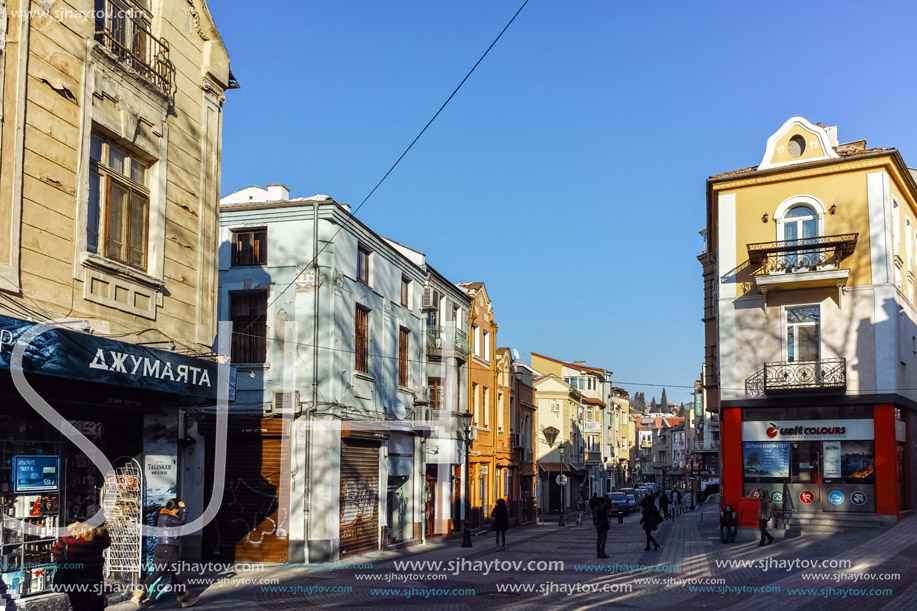 PLOVDIV, BULGARIA - JANUARY 2 2017: Street in district Kapana, city of Plovdiv, Bulgaria