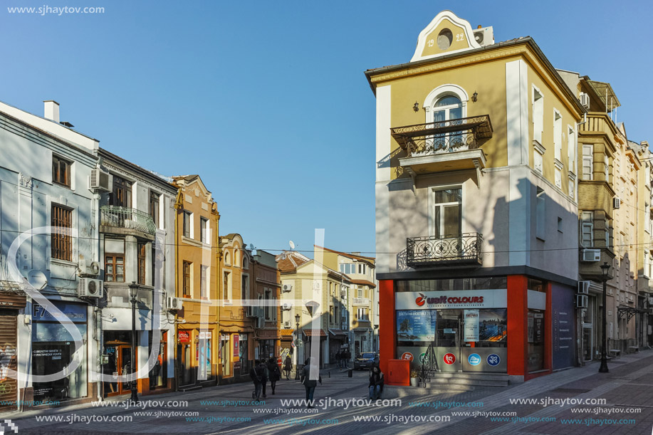 PLOVDIV, BULGARIA - JANUARY 2 2017: Street in district Kapana, city of Plovdiv, Bulgaria