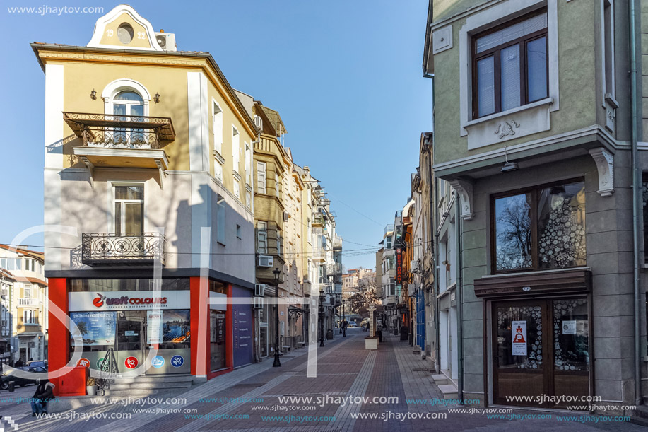 PLOVDIV, BULGARIA - JANUARY 2 2017: Street in district Kapana, city of Plovdiv, Bulgaria