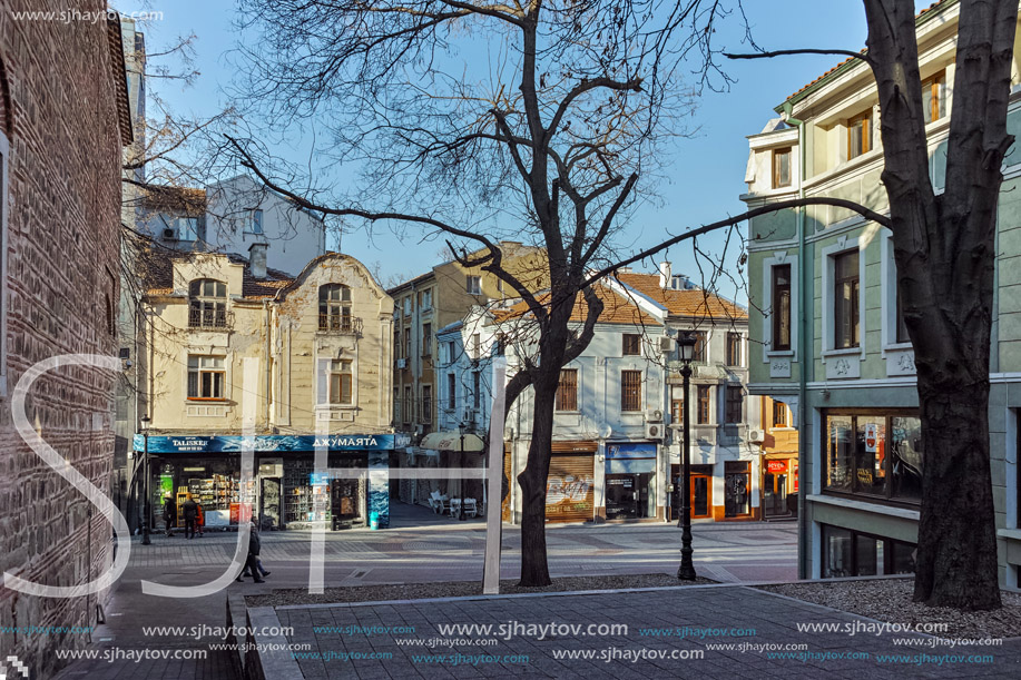 PLOVDIV, BULGARIA - JANUARY 2 2017: Street in district Kapana, city of Plovdiv, Bulgaria