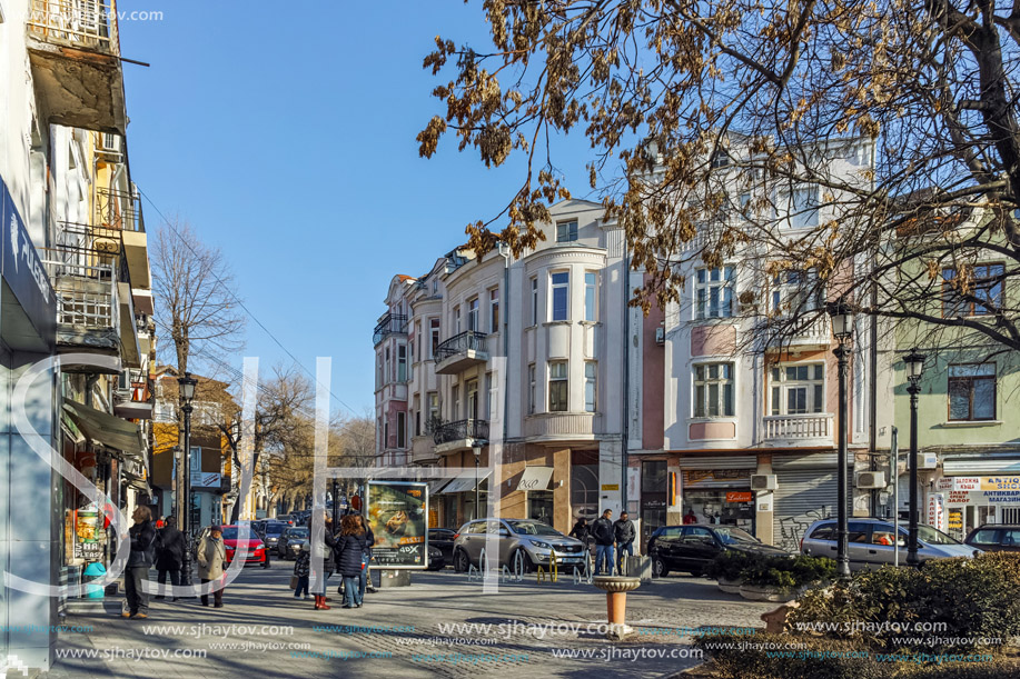 PLOVDIV, BULGARIA - JANUARY 2 2017: Street in district Kapana, city of Plovdiv, Bulgaria