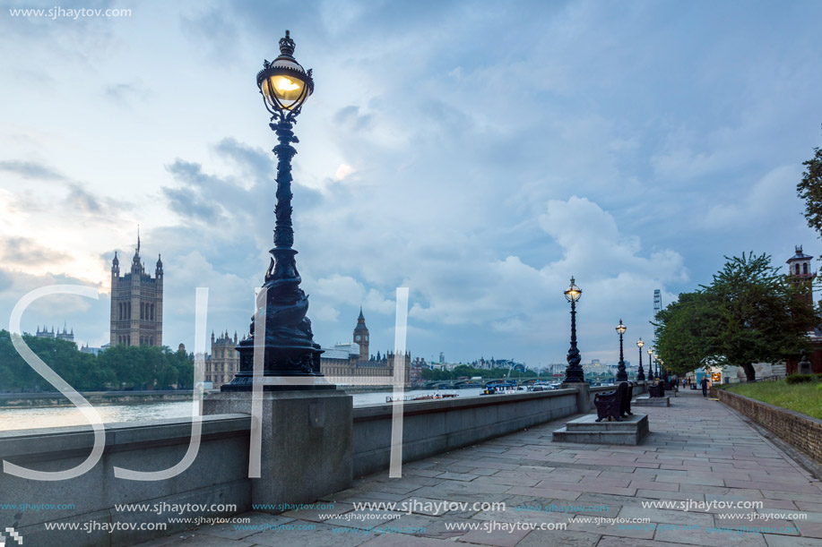 LONDON, ENGLAND - JUNE 16 2016: Sunset view of Houses of Parliament, Westminster palace, London, England, Great Britain