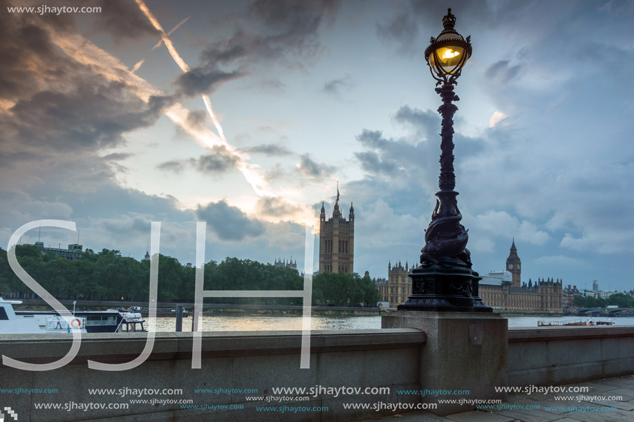 LONDON, ENGLAND - JUNE 16 2016: Sunset view of Houses of Parliament, Westminster palace, London, England, Great Britain