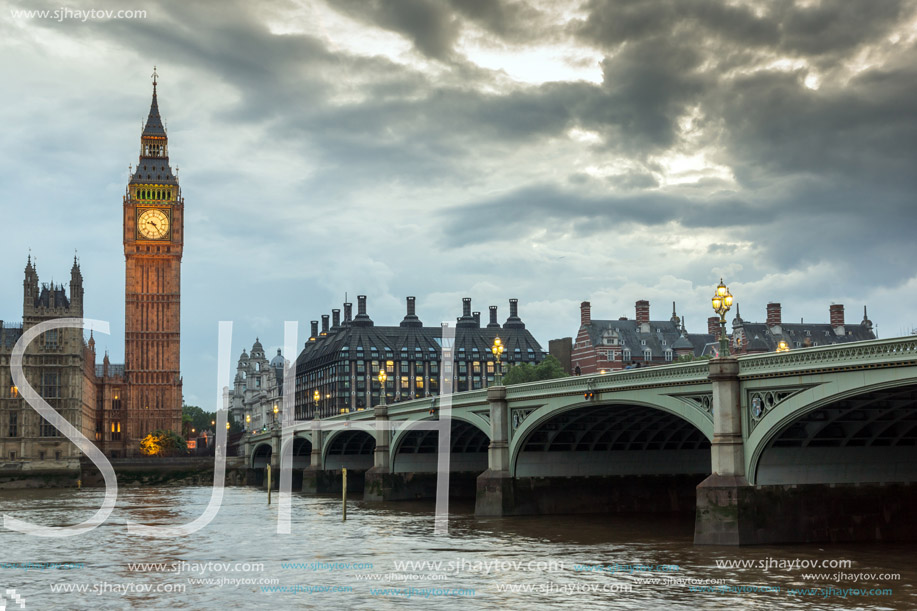 LONDON, ENGLAND - JUNE 16 2016: Houses of Parliament with Big Ben from Westminster bridge, London, England, Great Britain