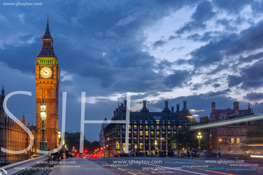 LONDON, ENGLAND - JUNE 16 2016: Night photo of Houses of Parliament with Big Ben from Westminster bridge, London, England, Great Britain