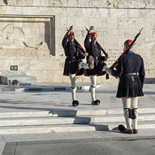 ATHENS, GREECE - JANUARY 19 2017:  Evzones - presidential ceremonial guards in the Tomb of the Unknown Soldier at the Greek Parliament, Athens, Greece