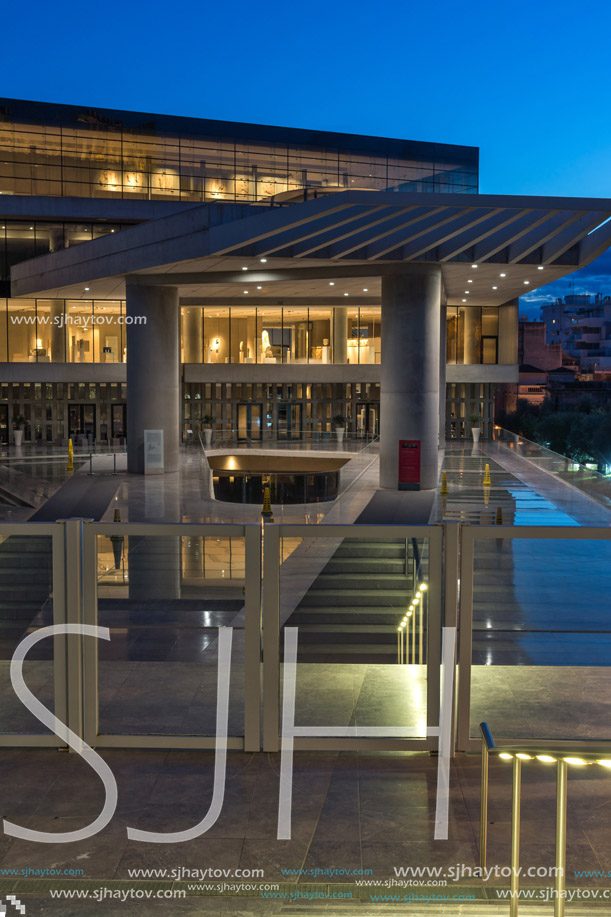 ATHENS, GREECE - JANUARY 19 2017: Night photo of Acropolis Museum in Athens, Attica, Greece