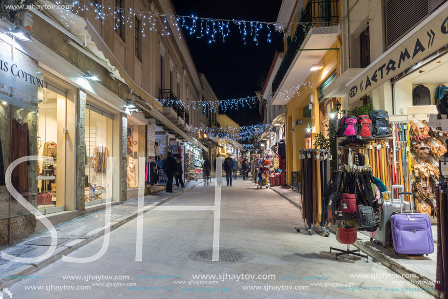 ATHENS, GREECE - JANUARY 19 2017:  Night photo of street in old town of Plaka, Athens, Attica, Greece