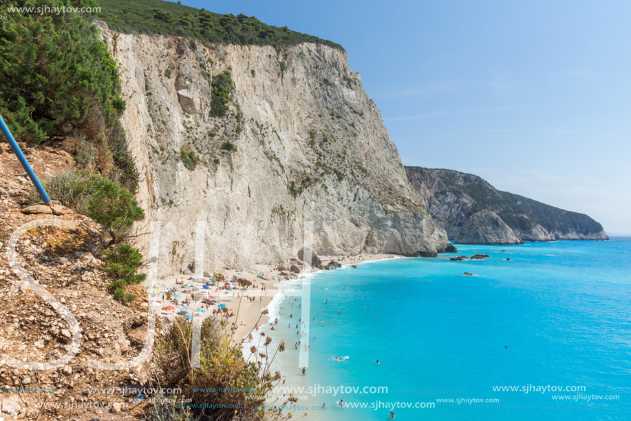 Amazing panorama of blue waters of Porto Katsiki Beach, Lefkada, Ionian Islands, Greece