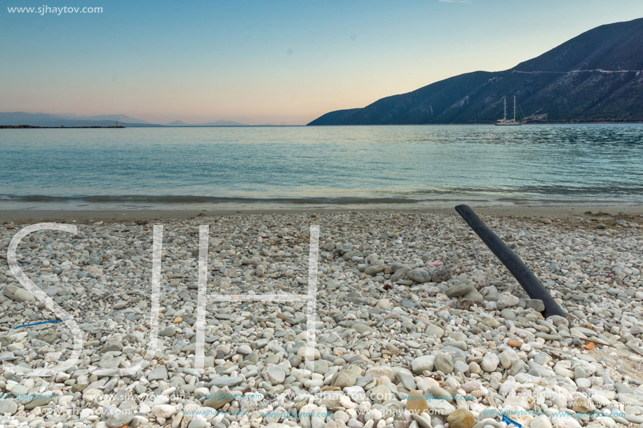 Sunset view on the beach of village of Vasiliki, Lefkada, Ionian Islands, Greece