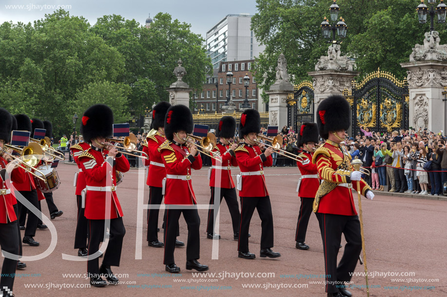 LONDON, ENGLAND - JUNE 17 2016: British Royal guards perform the Changing of the Guard in Buckingham Palace, London, England, Great Britain