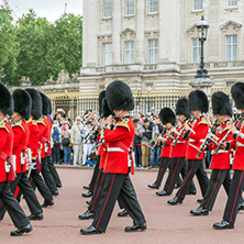LONDON, ENGLAND - JUNE 17 2016: British Royal guards perform the Changing of the Guard in Buckingham Palace, London, England, Great Britain