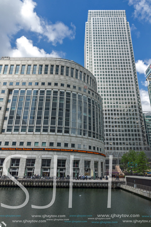 LONDON, ENGLAND - JUNE 17 2016: Business building and skyscraper in Canary Wharf, London, England, Great Britain