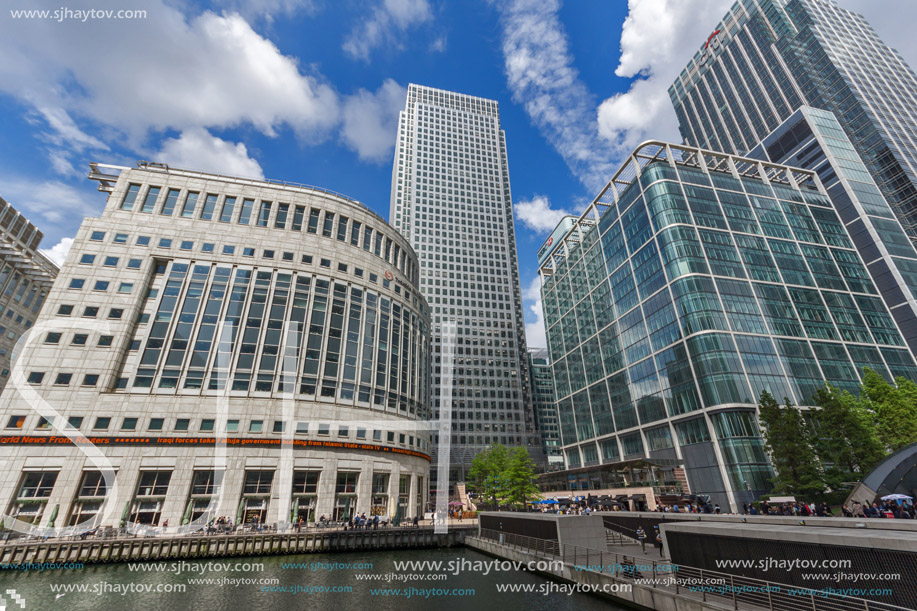 LONDON, ENGLAND - JUNE 17 2016: Business building and skyscraper in Canary Wharf, London, England, Great Britain