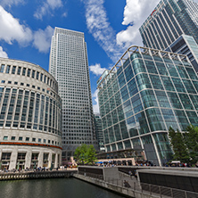 LONDON, ENGLAND - JUNE 17 2016: Business building and skyscraper in Canary Wharf, London, England, Great Britain