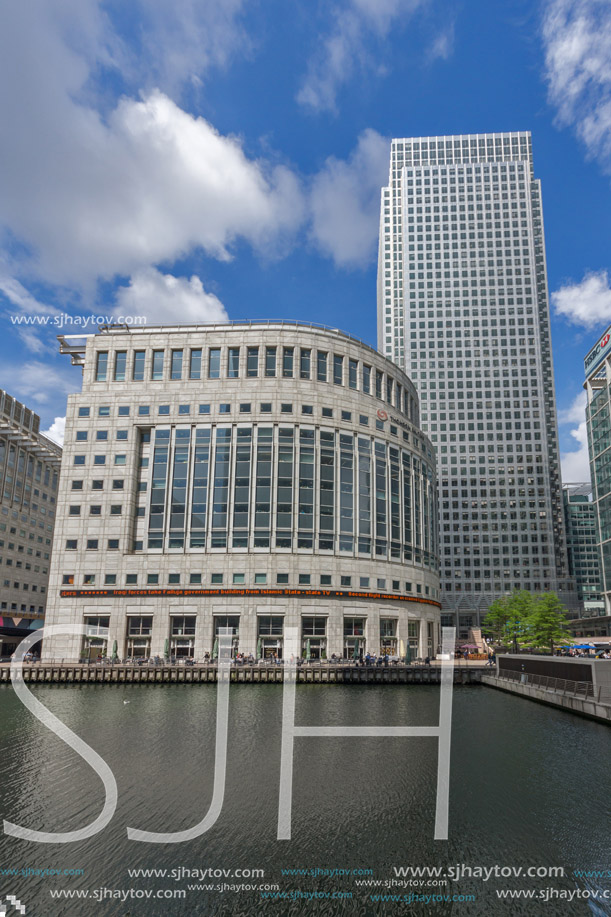 LONDON, ENGLAND - JUNE 17 2016: Business building and skyscraper in Canary Wharf, London, England, Great Britain