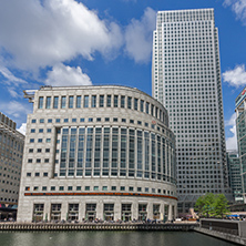 LONDON, ENGLAND - JUNE 17 2016: Business building and skyscraper in Canary Wharf, London, England, Great Britain
