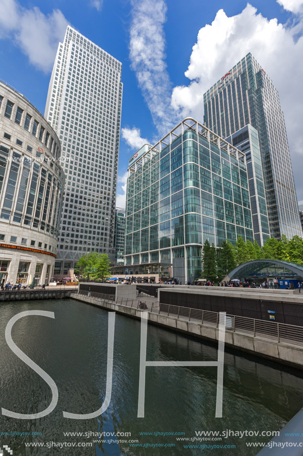 LONDON, ENGLAND - JUNE 17 2016: Business building and skyscraper in Canary Wharf, London, England, Great Britain