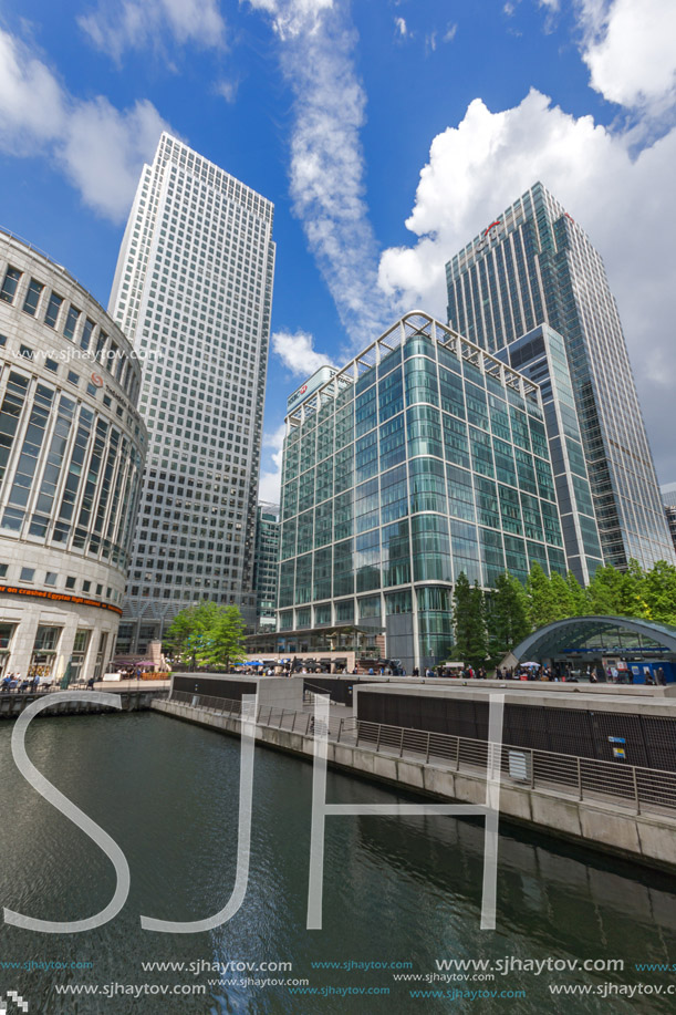 LONDON, ENGLAND - JUNE 17 2016: Business building and skyscraper in Canary Wharf, London, England, Great Britain