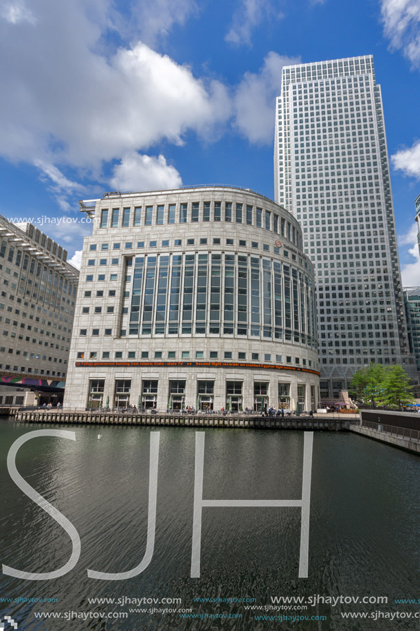 LONDON, ENGLAND - JUNE 17 2016: Business building and skyscraper in Canary Wharf, London, England, Great Britain