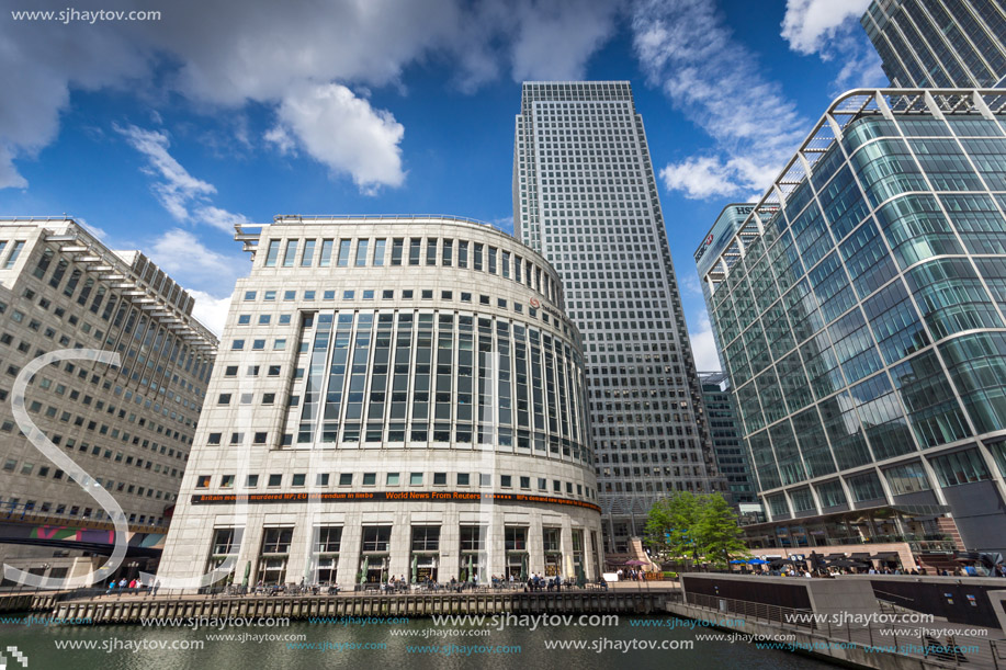 LONDON, ENGLAND - JUNE 17 2016: Business building and skyscraper in Canary Wharf, London, England, Great Britain