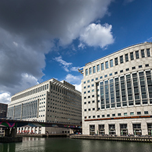 LONDON, ENGLAND - JUNE 17 2016: Business building and skyscraper in Canary Wharf, London, England, Great Britain