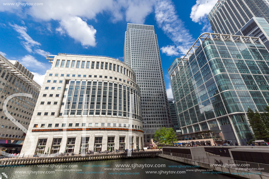 LONDON, ENGLAND - JUNE 17 2016: Business building and skyscraper in Canary Wharf, London, England, Great Britain