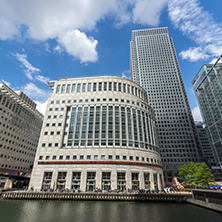 LONDON, ENGLAND - JUNE 17 2016: Business building and skyscraper in Canary Wharf, London, England, Great Britain
