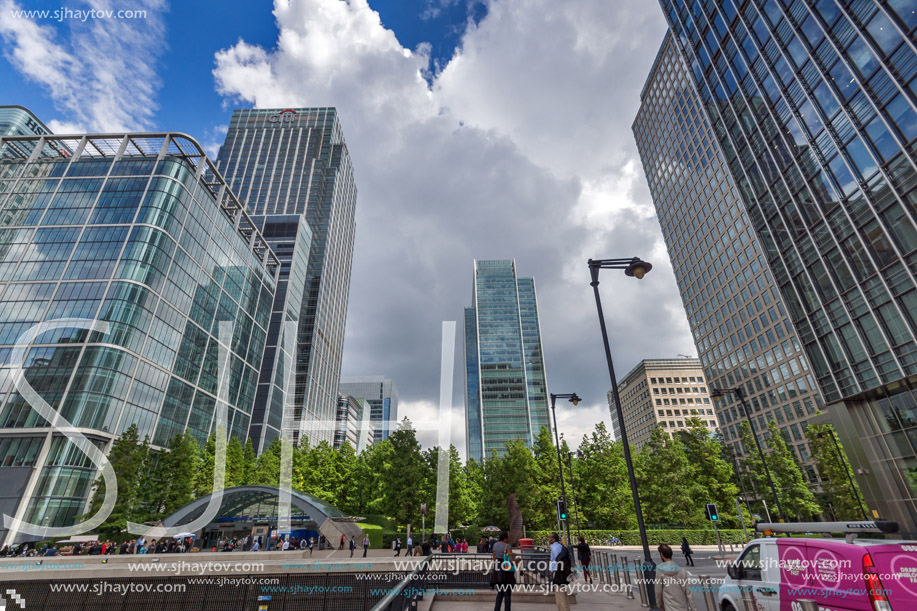 LONDON, ENGLAND - JUNE 17 2016: Business building and skyscraper in Canary Wharf, London, England, Great Britain