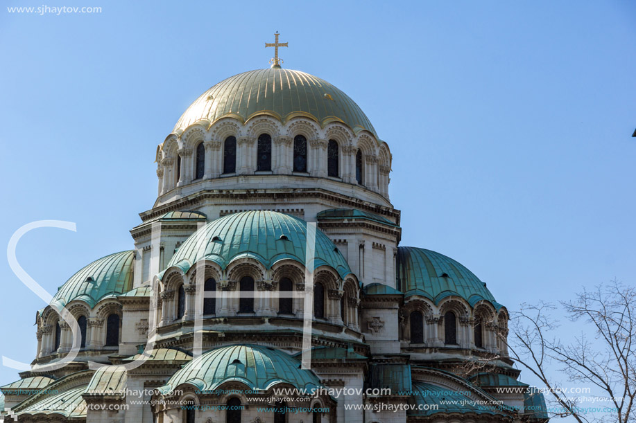 SOFIA, BULGARIA - APRIL 1, 2017: The golden domes of Cathedral Saint Alexander Nevski in Sofia, Bulgaria