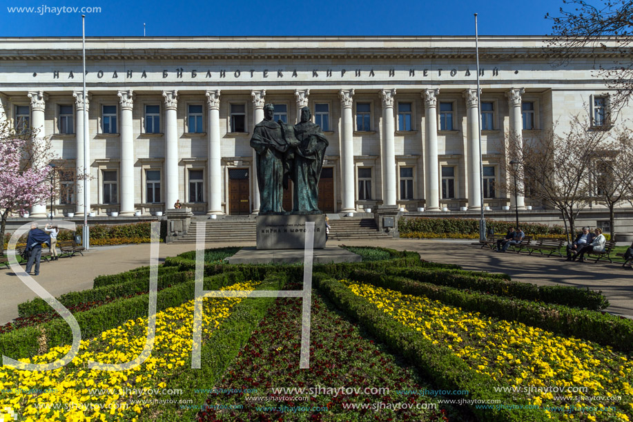 SOFIA, BULGARIA - APRIL 1, 2017: Spring view of National Library St. Cyril and St. Methodius in Sofia, Bulgaria