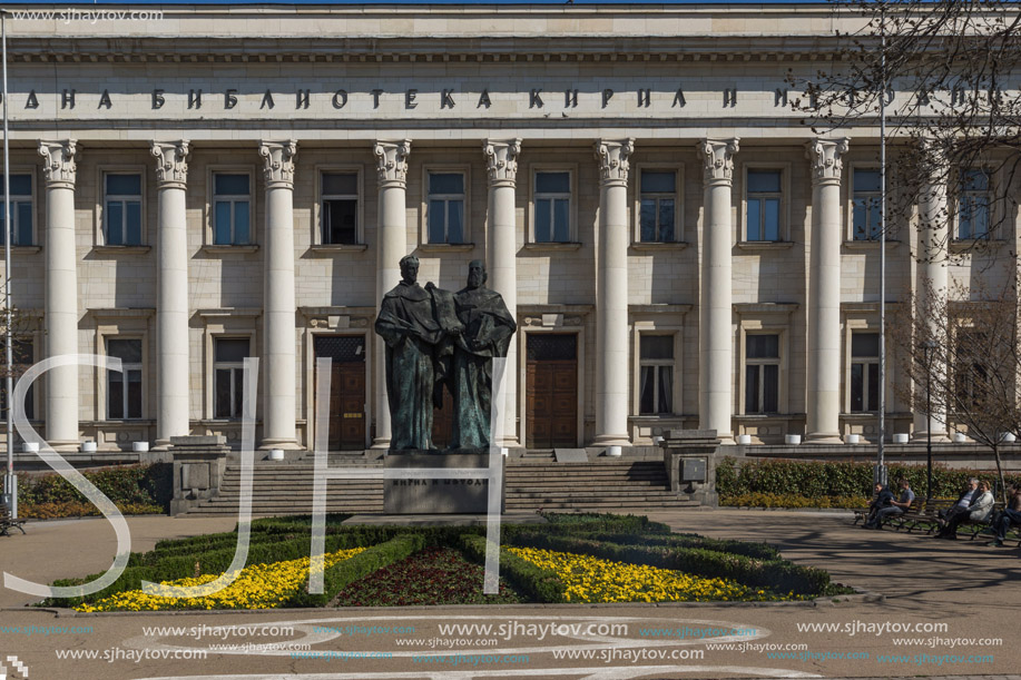 SOFIA, BULGARIA - APRIL 1, 2017: Spring view of National Library St. Cyril and St. Methodius in Sofia, Bulgaria