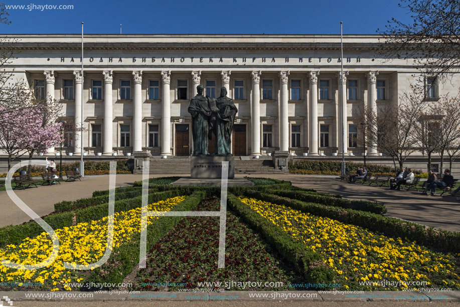 SOFIA, BULGARIA - APRIL 1, 2017: Spring view of National Library St. Cyril and St. Methodius in Sofia, Bulgaria