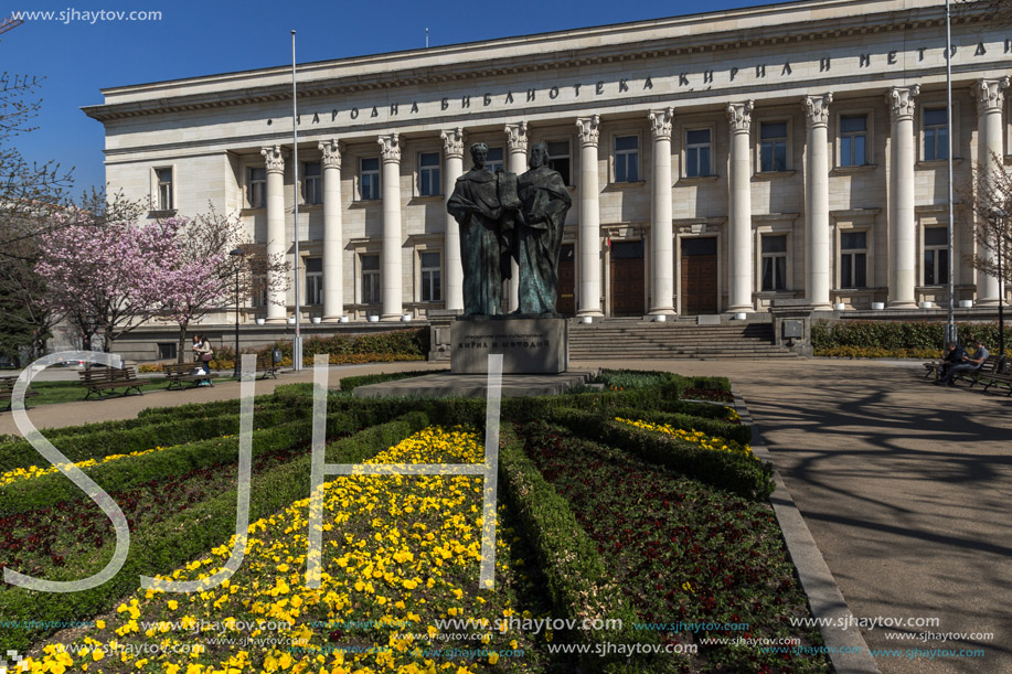 SOFIA, BULGARIA - APRIL 1, 2017: Spring view of National Library St. Cyril and St. Methodius in Sofia, Bulgaria