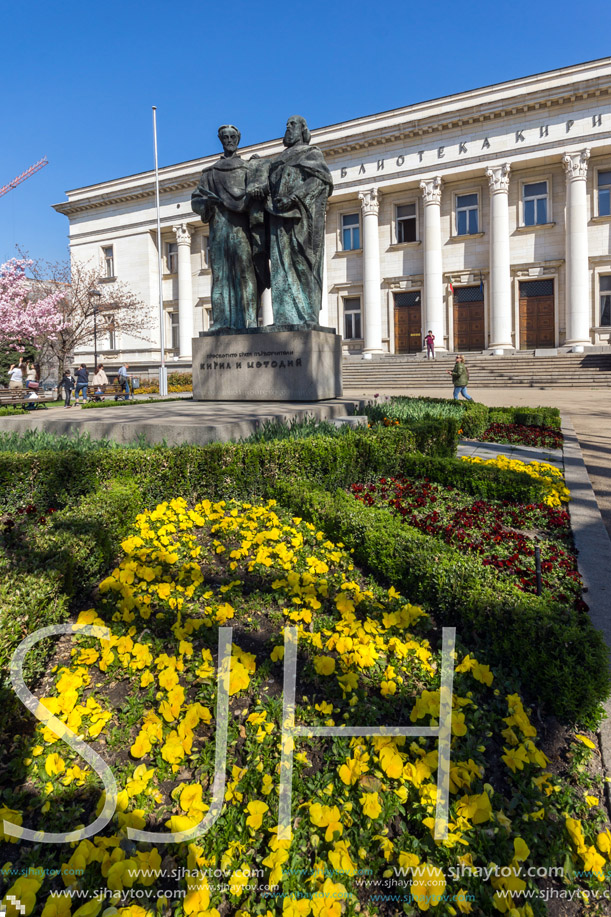 SOFIA, BULGARIA - APRIL 1, 2017: Spring view of National Library St. Cyril and St. Methodius in Sofia, Bulgaria