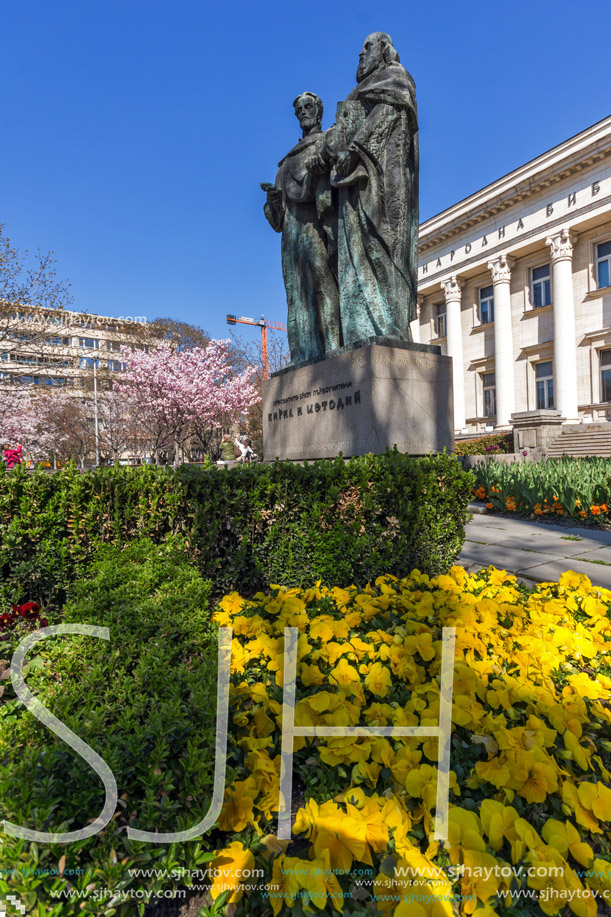 SOFIA, BULGARIA - APRIL 1, 2017: Spring view of National Library St. Cyril and St. Methodius in Sofia, Bulgaria