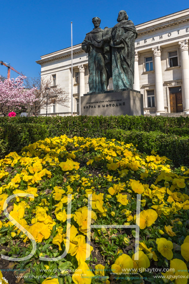 SOFIA, BULGARIA - APRIL 1, 2017: Spring view of National Library St. Cyril and St. Methodius in Sofia, Bulgaria