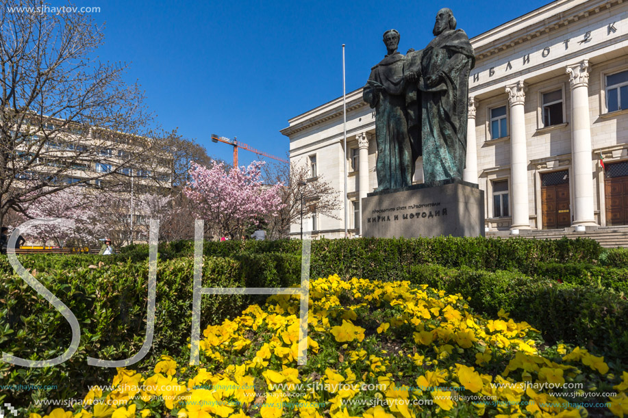 SOFIA, BULGARIA - APRIL 1, 2017: Spring view of National Library St. Cyril and St. Methodius in Sofia, Bulgaria