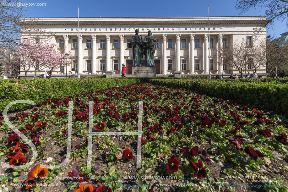 SOFIA, BULGARIA - APRIL 1, 2017: Spring view of National Library St. Cyril and St. Methodius in Sofia, Bulgaria