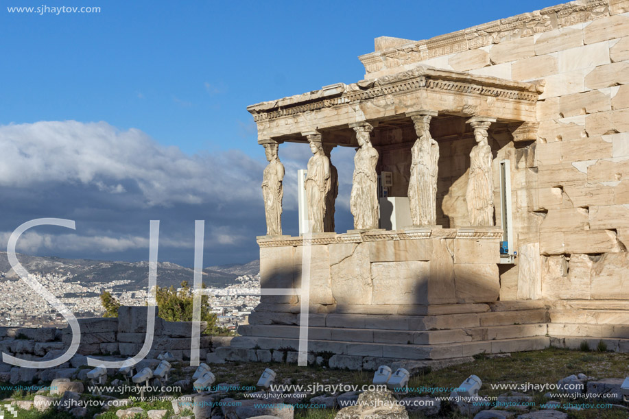 The Porch of the Caryatids in The Erechtheion an ancient Greek temple on the north side of the Acropolis of Athens, Attica, Greece