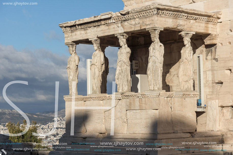 The Porch of the Caryatids in The Erechtheion an ancient Greek temple on the north side of the Acropolis of Athens, Attica, Greece