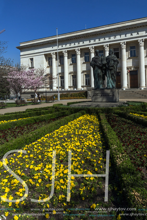 SOFIA, BULGARIA - APRIL 1, 2017: Spring view of National Library St. Cyril and St. Methodius in Sofia, Bulgaria