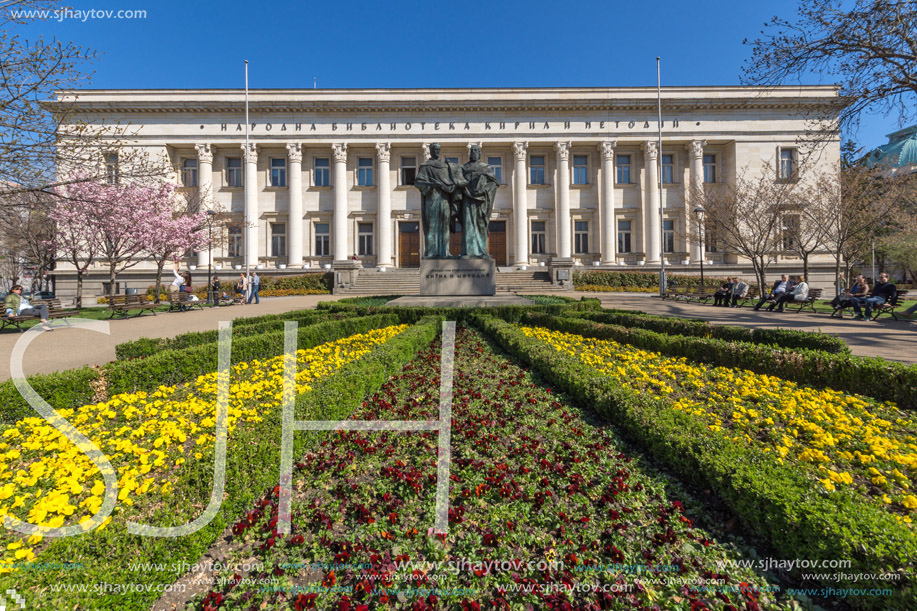 SOFIA, BULGARIA - APRIL 1, 2017: Spring view of National Library St. Cyril and St. Methodius in Sofia, Bulgaria