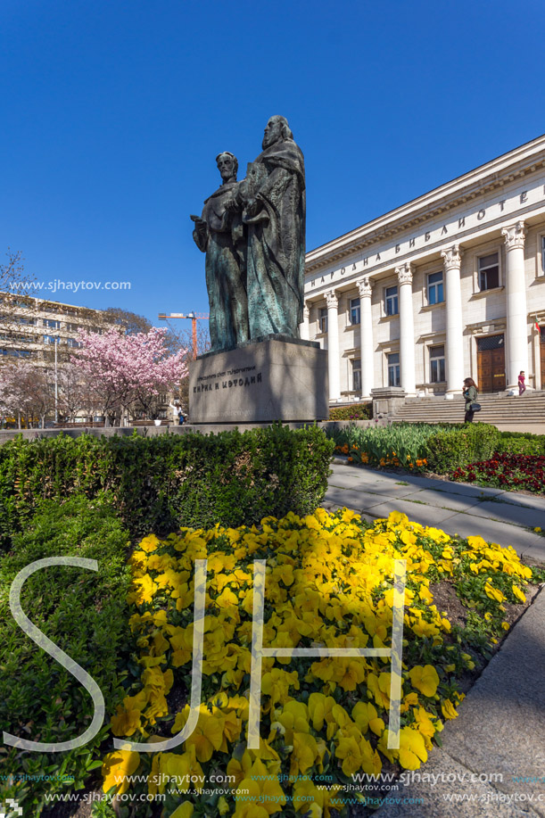 SOFIA, BULGARIA - APRIL 1, 2017: Spring view of National Library St. Cyril and St. Methodius in Sofia, Bulgaria