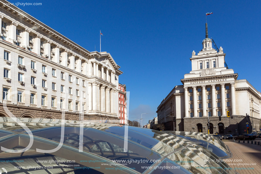 SOFIA, BULGARIA - APRIL 1, 2017: Buildings of Council of Ministers and Former Communist Party House in Sofia, Bulgaria