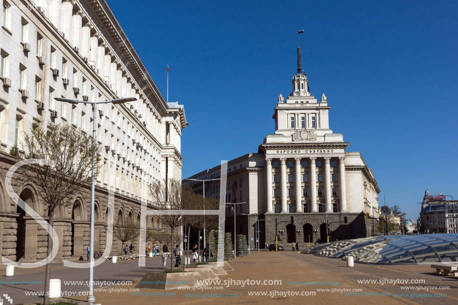 SOFIA, BULGARIA - APRIL 1, 2017: Buildings of Council of Ministers and Former Communist Party House in Sofia, Bulgaria