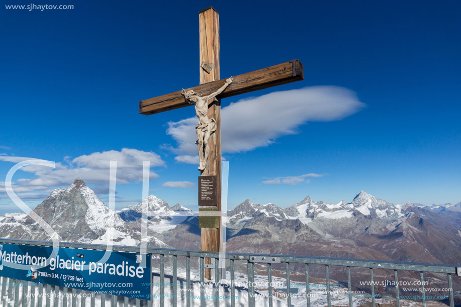 MATTERHORN GLACIER PARADISE, SWITZERLAND - OCTOBER 27, 2015: Crucifixion on Matterhorn Glacier Paradise near Matterhorn Peak, Alps, Switzerland